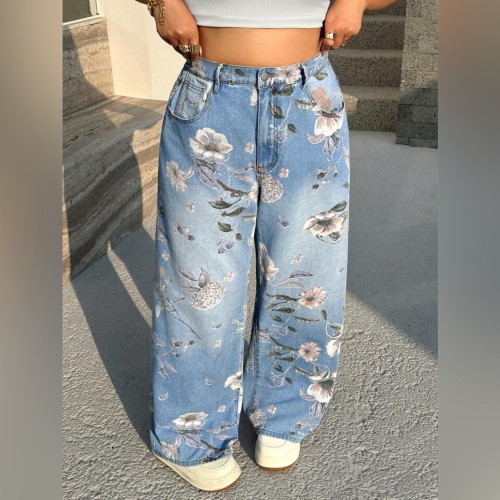 NWOT Stylish Y2K 90s Streetwear High Waist Floral Print Wide Leg Loose Jeans - Picture 6 of 10